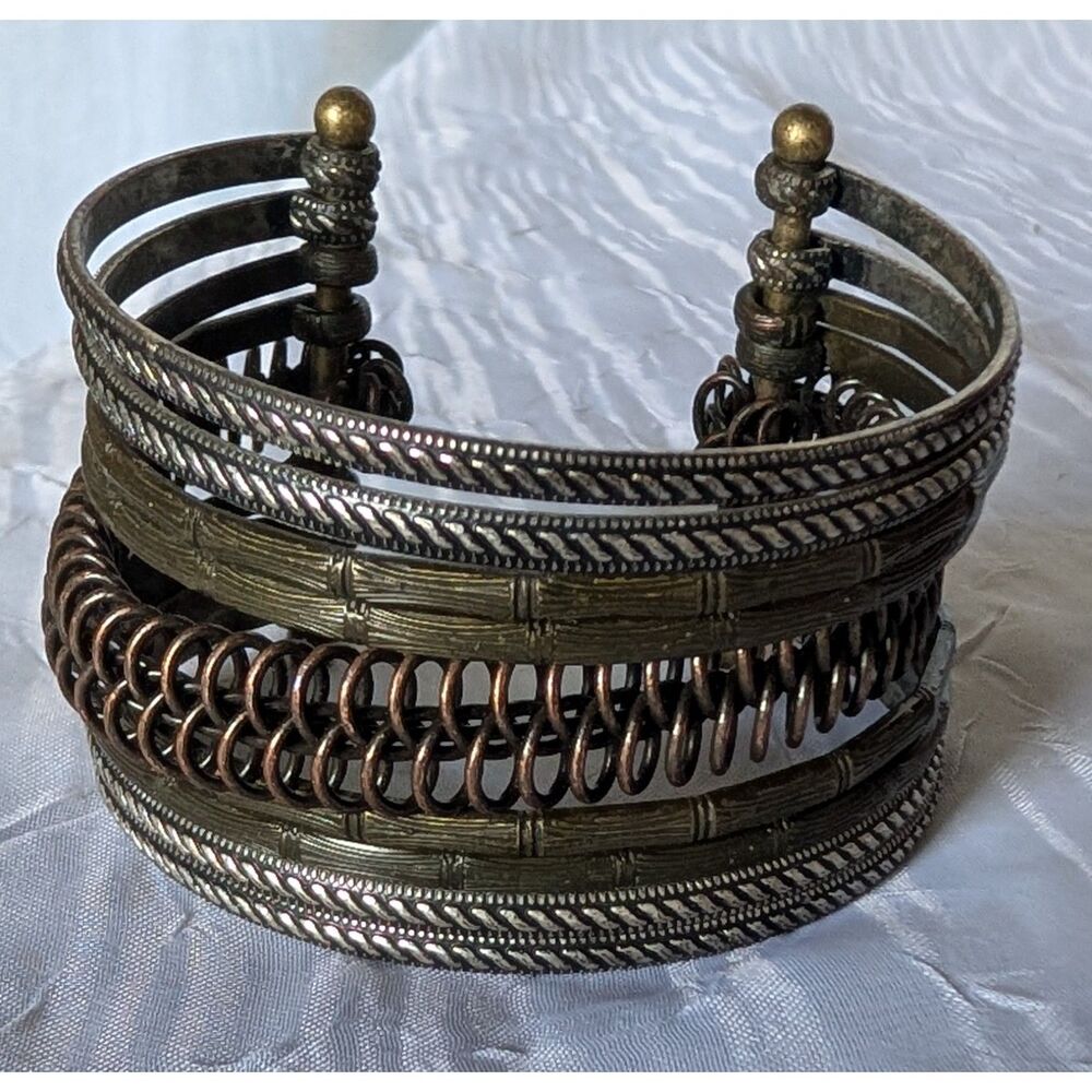 Vintage Brutalist Mixed Metal Layered Wide Cuff Bracelet ✨ Boho Grunge